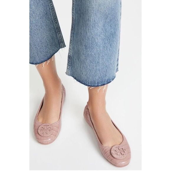Tory Burch MINNIE Travel Rosa Ballet Flats Logo Pink Croco Embos Shoe Size 8 - Picture 1 of 11